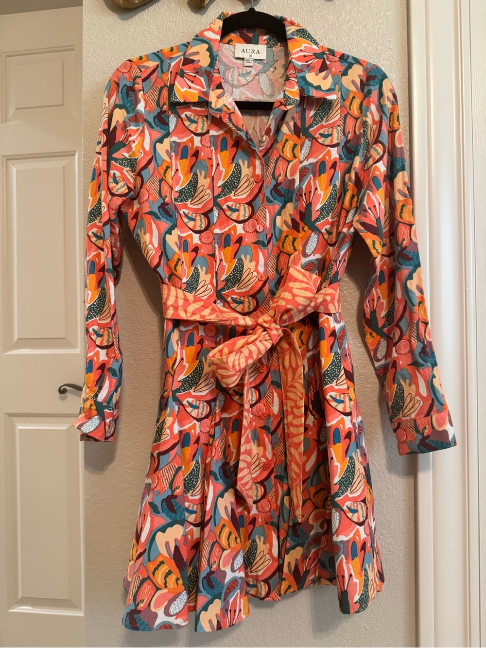 Aura Coral Multi-Color Floral Long Sleeve Tie-Waist Shirt Dress